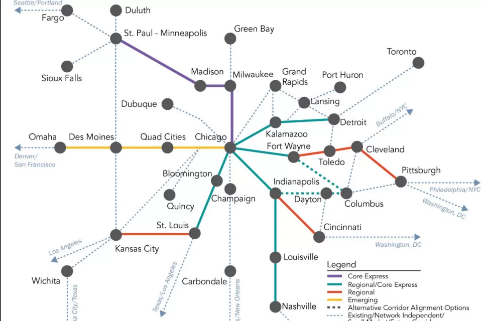 Stylized rendering of the Midwest Regional Rail Network
